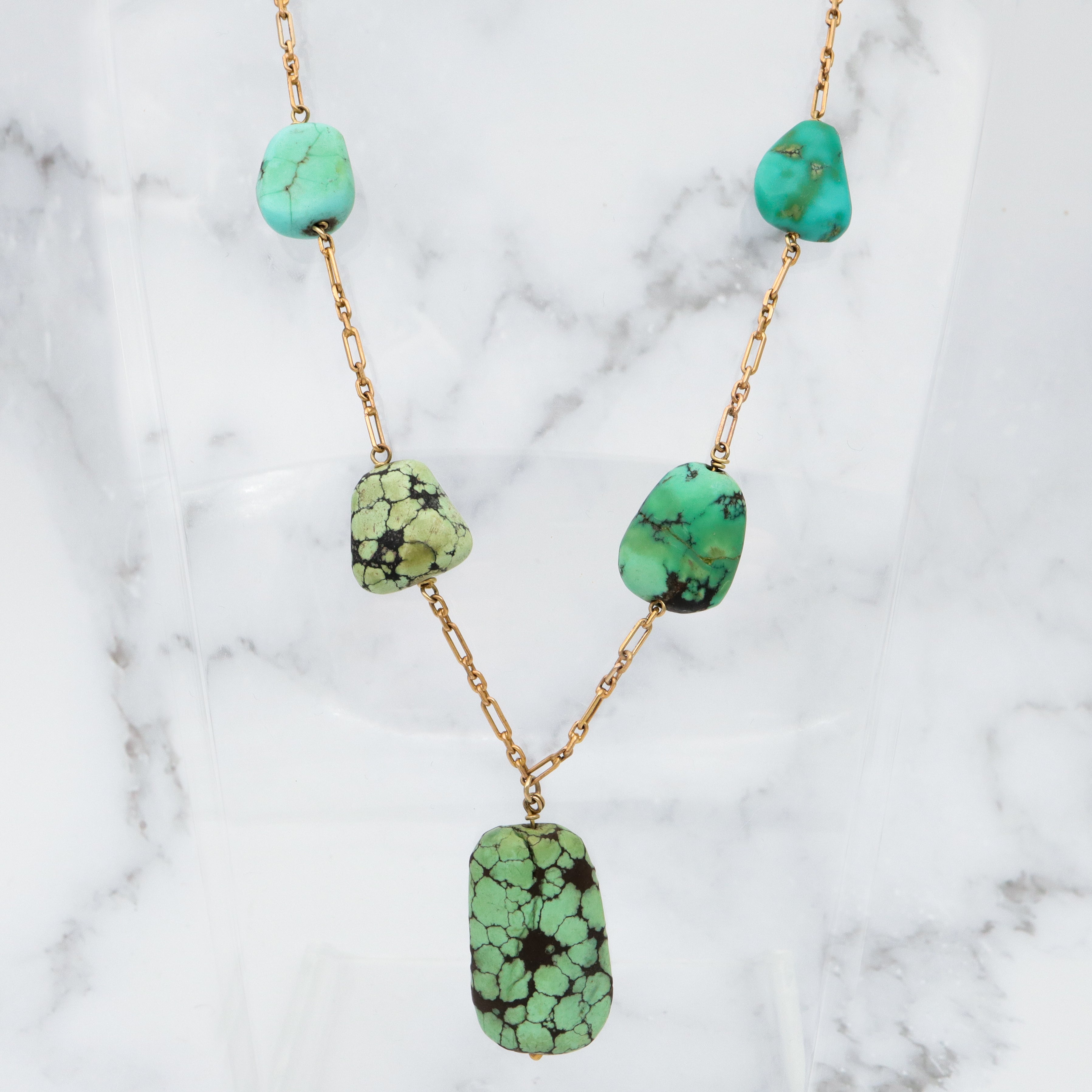 Antique Victorian 14k gold & turquoise bead drop necklace, 16"